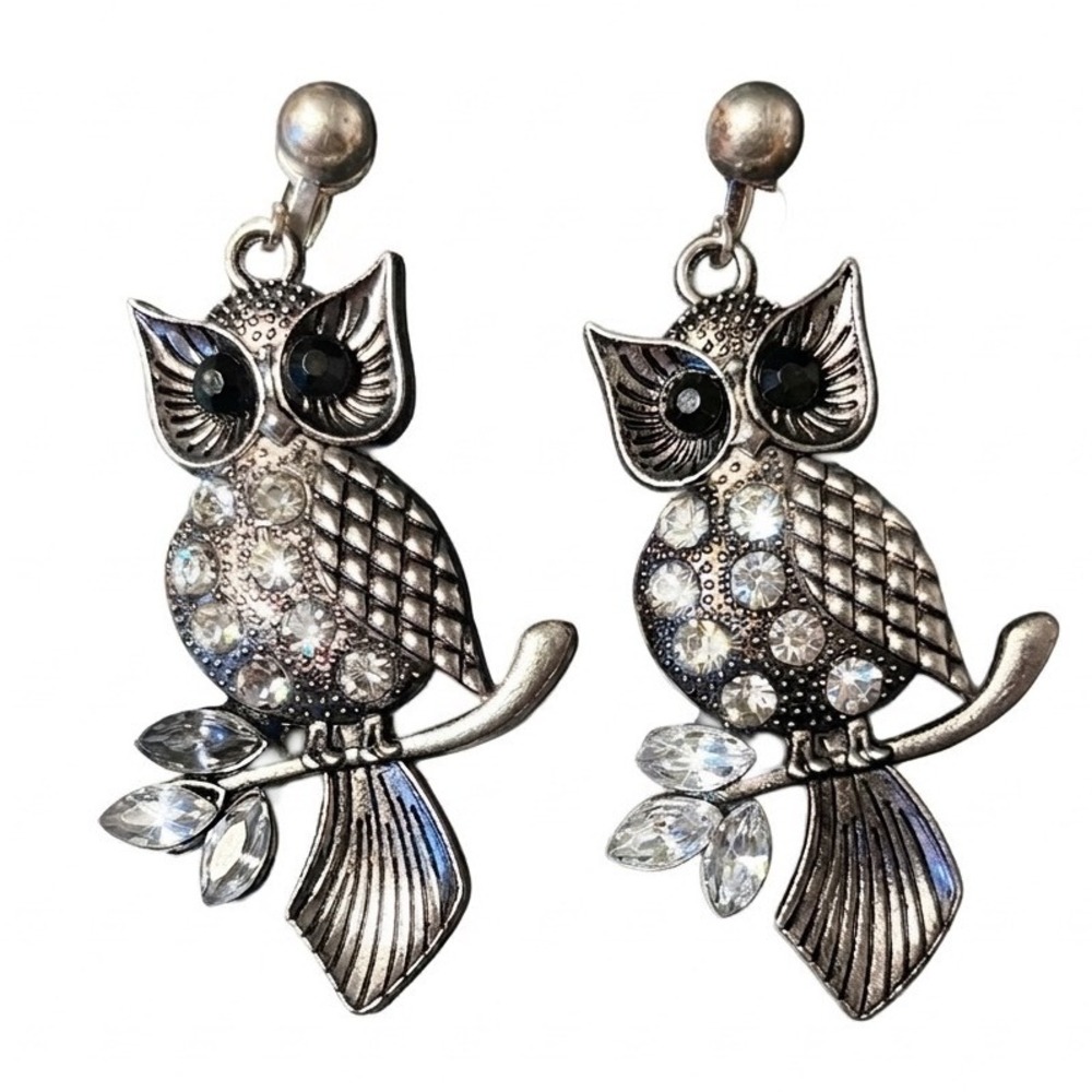 Vtg Owl Drop Clip On Earrings Silver Tone Woodland Fairy Oversized Whimsical